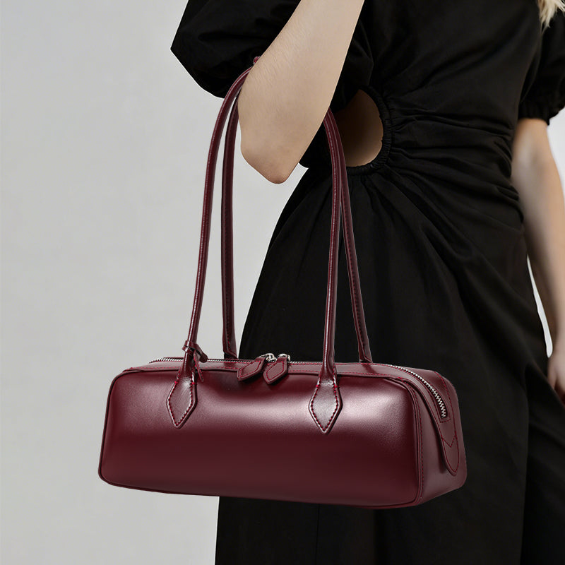 Genuine Cowhide Womens Underarm Shoulder Bag,Smooth Glossy Barrel Handbag,Burgundy Vintage Commute Cylinder Purse