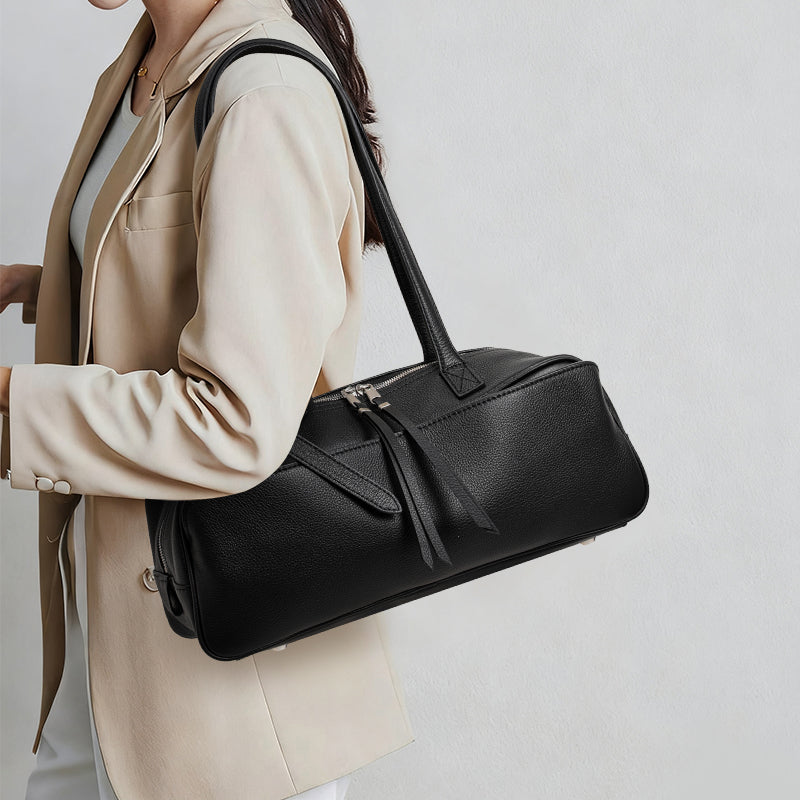 Genuine Cowhide Womens Underarm Shoulder Bag,Pebbled Grain Double Zip Pillow Purse,Multi Compartment Daily Commute Handbag