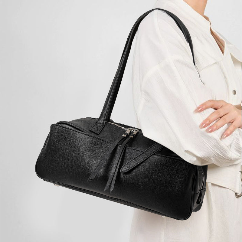 Genuine Cowhide Womens Underarm Shoulder Bag,Pebbled Grain Double Zip Pillow Purse,Multi Compartment Daily Commute Handbag