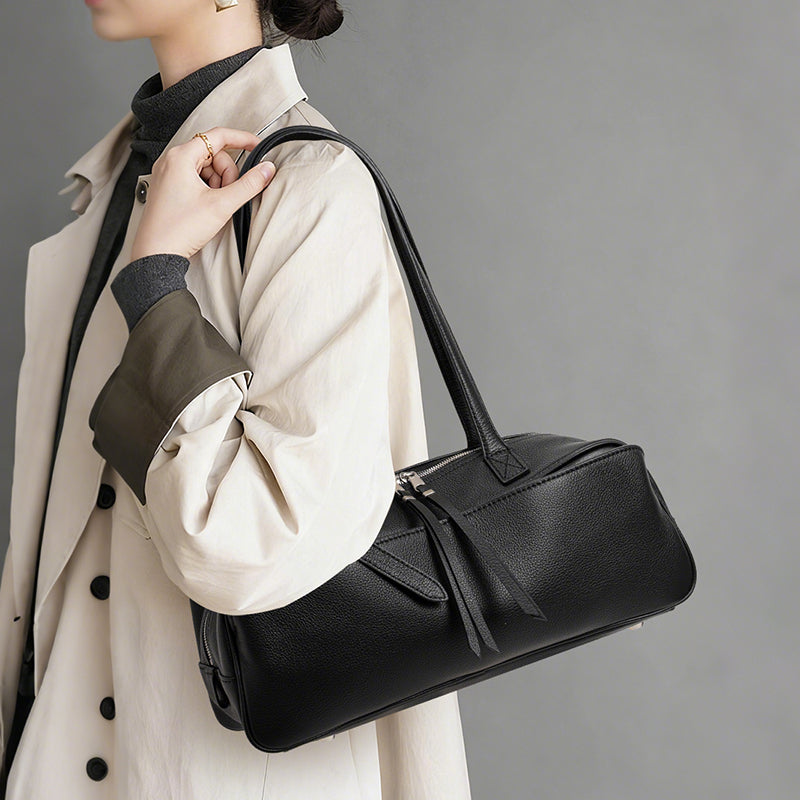 Genuine Cowhide Womens Underarm Shoulder Bag,Pebbled Grain Double Zip Pillow Purse,Multi Compartment Daily Commute Handbag