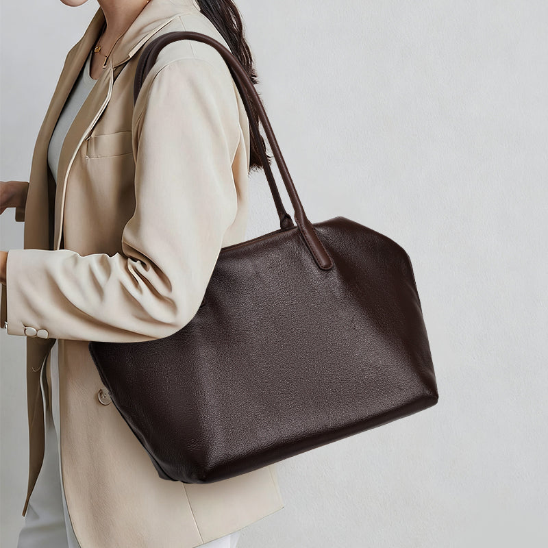 Genuine Cowhide Womens Handheld Tote,Pebbled Grain Large Capacity Shoulder Bag,Multi Compartment Daily Commute Handbag