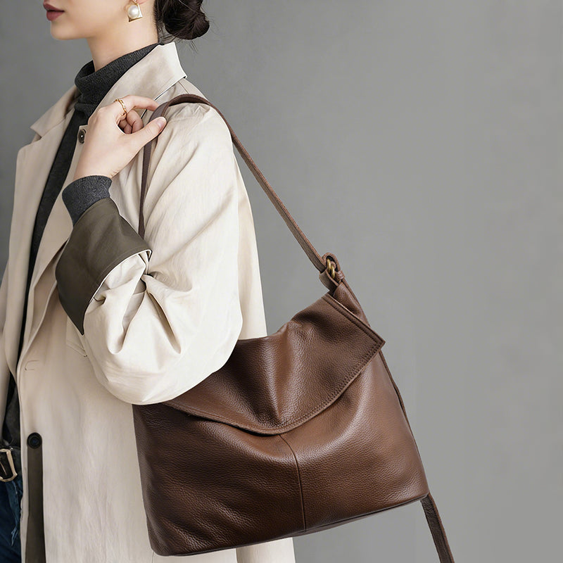 Genuine Cowhide Womens Flap Shoulder Tote,Pebbled Grain Large Capacity Hobo,Multi Compartment Crossbody Carry Bag