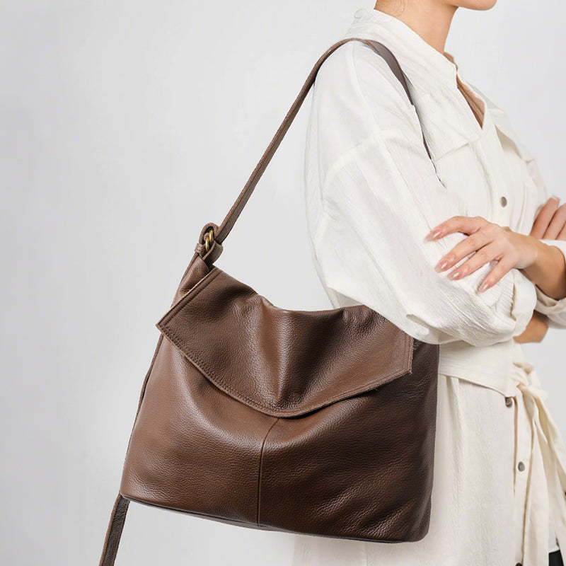 Genuine Cowhide Womens Flap Shoulder Tote,Pebbled Grain Large Capacity Hobo,Multi Compartment Crossbody Carry Bag