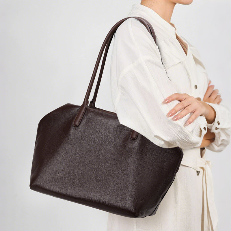 Genuine Cowhide Womens Handheld Tote,Pebbled Grain Large Capacity Shoulder Bag,Multi Compartment Daily Commute Handbag