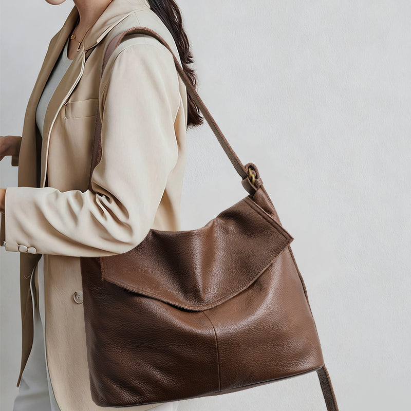 Genuine Cowhide Womens Flap Shoulder Tote,Pebbled Grain Large Capacity Hobo,Multi Compartment Crossbody Carry Bag