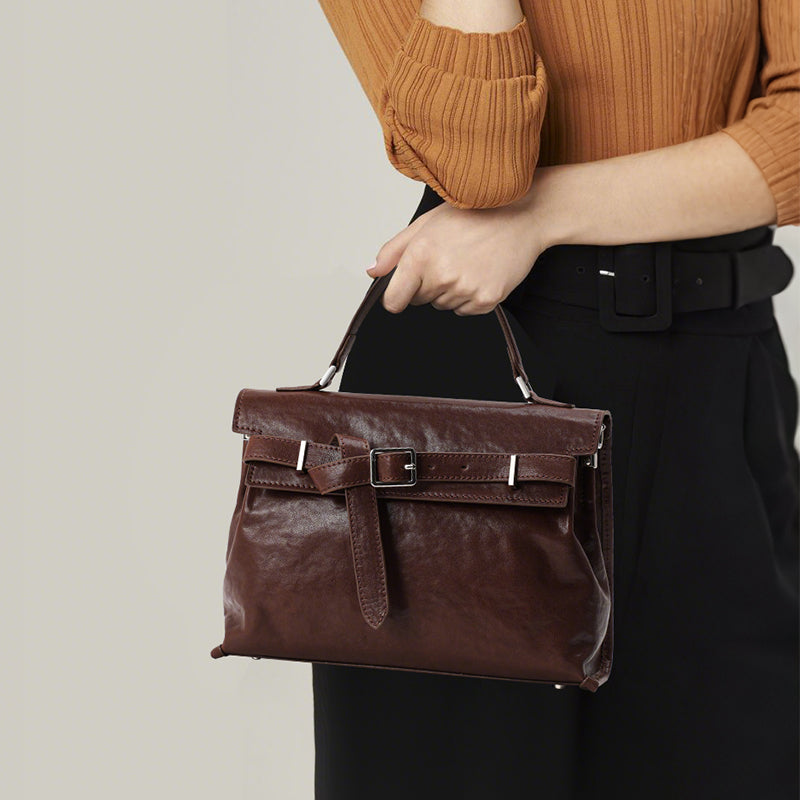 Genuine Cowhide Womens Flap Handbag,Waxed Crinkle Multi Compartment Satchel,Detachable Strap Crossbody Shoulder Bag