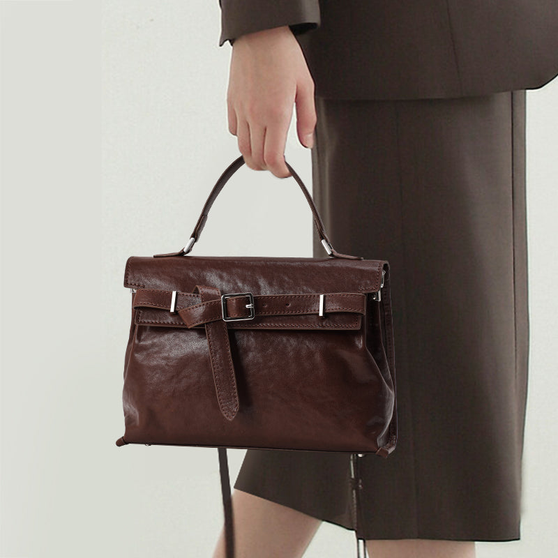 Genuine Cowhide Womens Flap Handbag,Waxed Crinkle Multi Compartment Satchel,Detachable Strap Crossbody Shoulder Bag