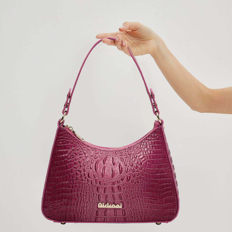 Genuine Cowhide Womens Shoulder Underarm Bag,Matte Crocodile Embossed Crescent Purse,Adjustable Strap Daily Commute Handbag