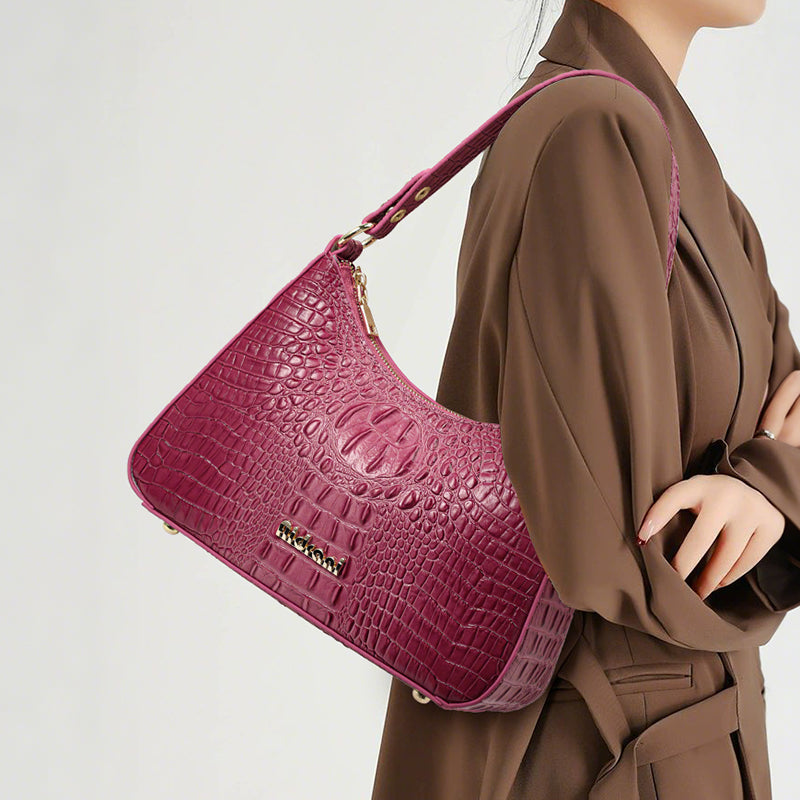 Genuine Cowhide Womens Shoulder Underarm Bag,Matte Crocodile Embossed Crescent Purse,Adjustable Strap Daily Commute Handbag