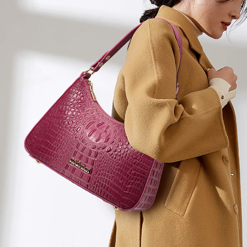Genuine Cowhide Womens Shoulder Underarm Bag,Matte Crocodile Embossed Crescent Purse,Adjustable Strap Daily Commute Handbag