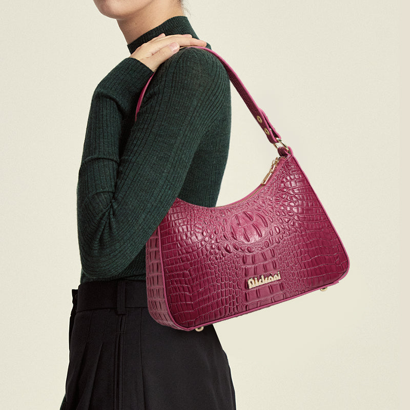 Genuine Cowhide Womens Shoulder Underarm Bag,Matte Crocodile Embossed Crescent Purse,Adjustable Strap Daily Commute Handbag
