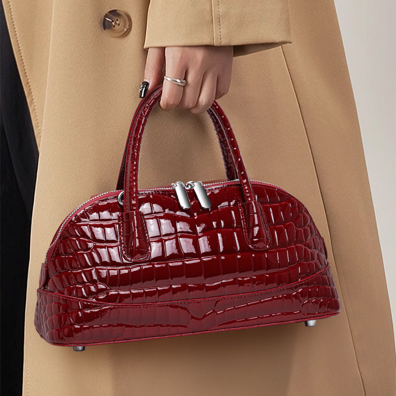 Genuine Cowhide Womens Handheld Crossbody Bag,Glossy Crocodile Embossed Shell Purse,Detachable Strap Vintage Evening Handbag