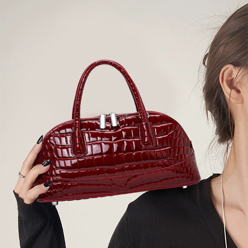 Genuine Cowhide Womens Handheld Crossbody Bag,Glossy Crocodile Embossed Shell Purse,Detachable Strap Vintage Evening Handbag