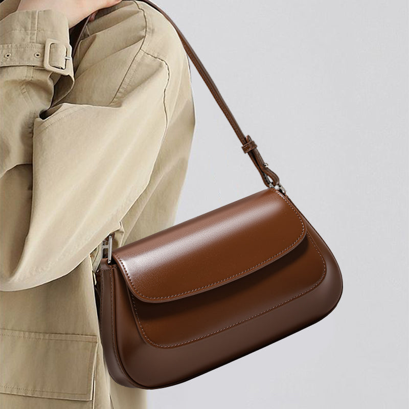 Genuine Cowhide Womens Underarm Crossbody Bag,Glossy Plain Leather Flap Long Purse,Adjustable Strap Vintage Commute Handbag