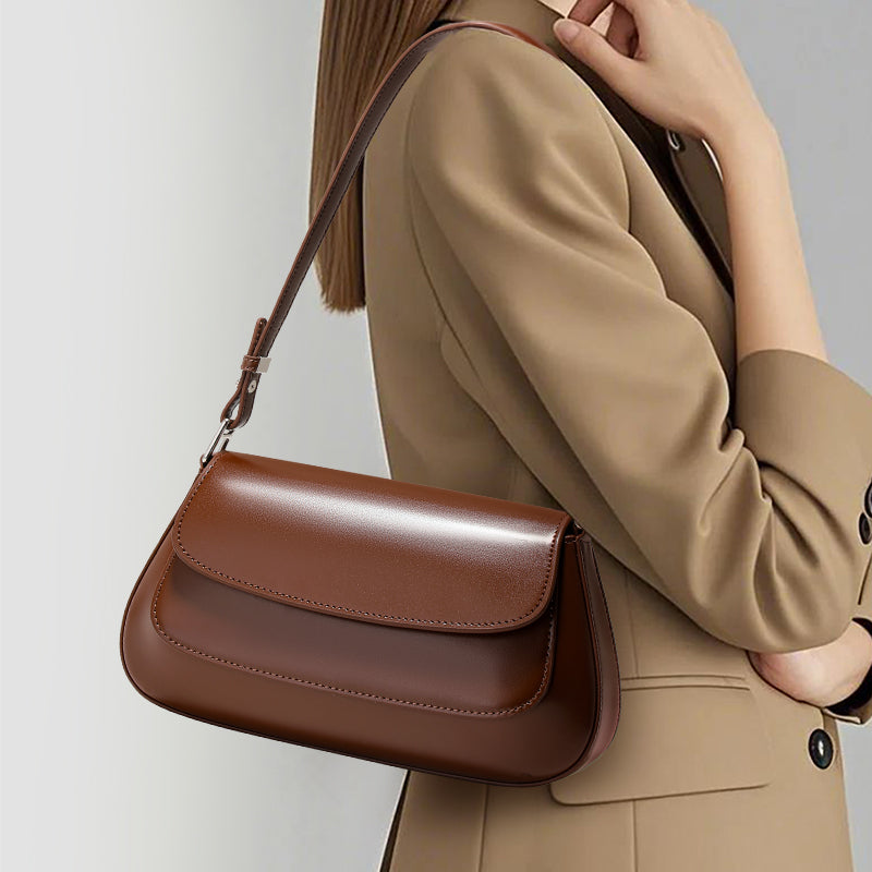 Genuine Cowhide Womens Underarm Crossbody Bag,Glossy Plain Leather Flap Long Purse,Adjustable Strap Vintage Commute Handbag