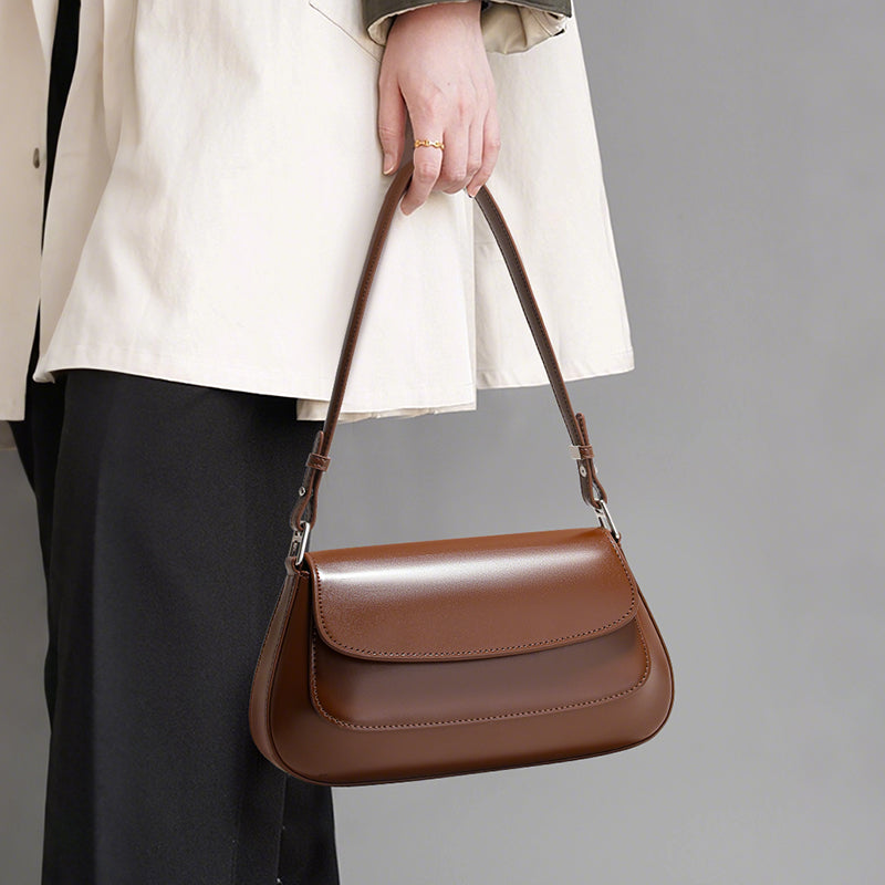 Genuine Cowhide Womens Underarm Crossbody Bag,Glossy Plain Leather Flap Long Purse,Adjustable Strap Vintage Commute Handbag