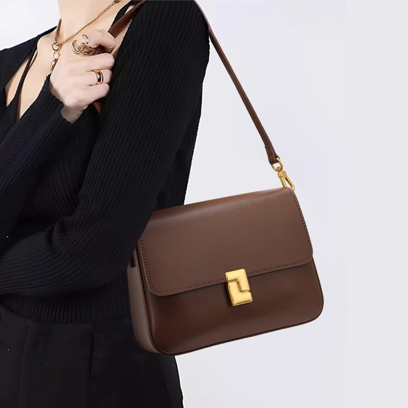 Genuine Cowhide Womens Shoulder Crossbody Bag,Smooth Plain Leather Flap Square Purse,Adjustable Strap Vintage Commute Handbag
