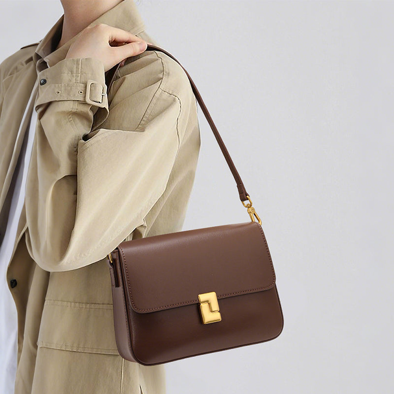 Genuine Cowhide Womens Shoulder Crossbody Bag,Smooth Plain Leather Flap Square Purse,Adjustable Strap Vintage Commute Handbag