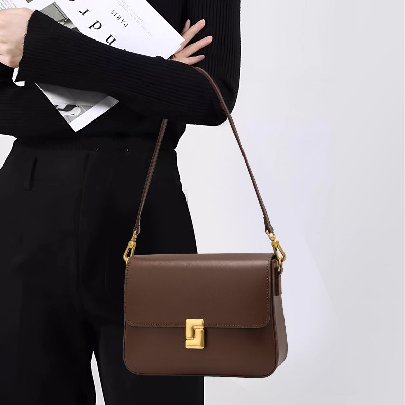 Genuine Cowhide Womens Shoulder Crossbody Bag,Smooth Plain Leather Flap Square Purse,Adjustable Strap Vintage Commute Handbag