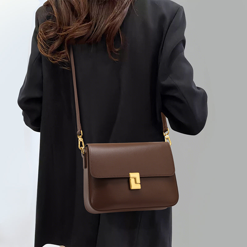 Genuine Cowhide Womens Shoulder Crossbody Bag,Smooth Plain Leather Flap Square Purse,Adjustable Strap Vintage Commute Handbag