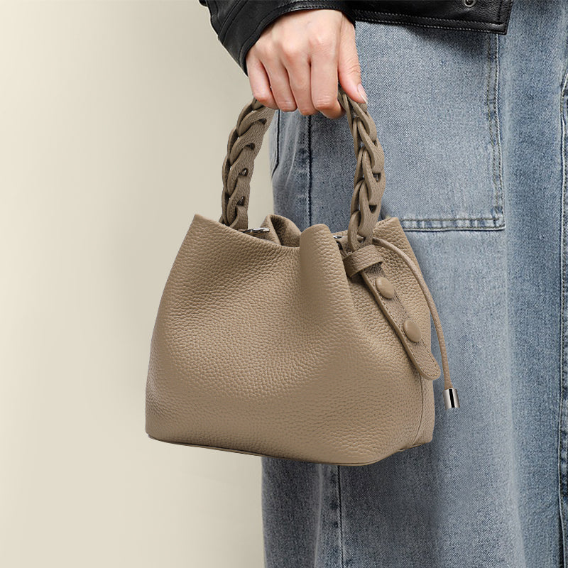 Genuine Cowhide Womens Mini Bucket Bag,Braided Handle Drawstring Crossbody Purse,Pebbled Leather Portable Daily Storage Pouch