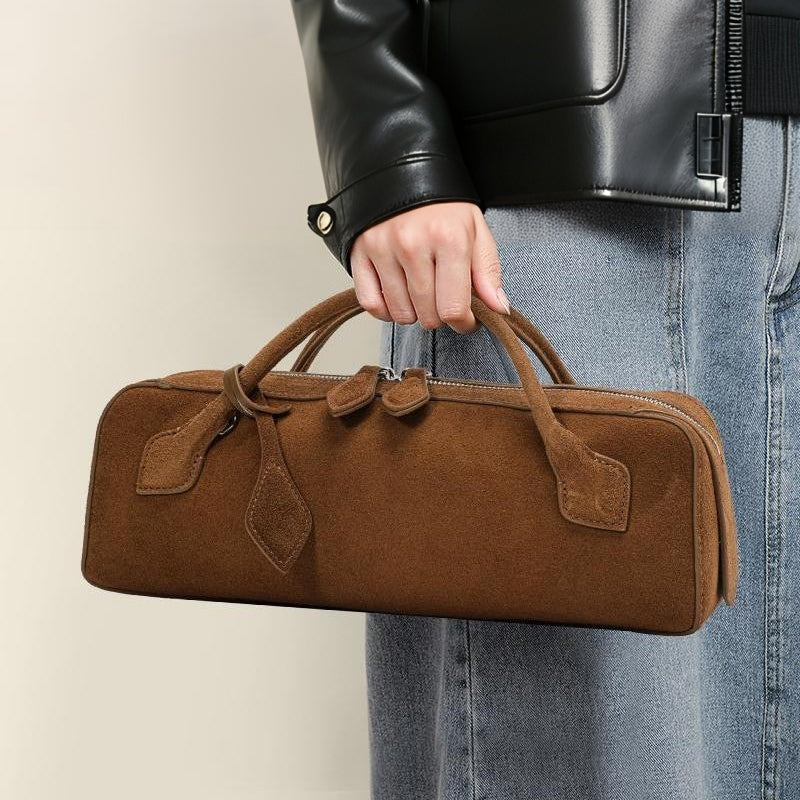 Genuine Suede Cowhide Womens Long Rectangular Handheld Bag,Retro Makeup Storage Clutch,Two Color Portable Shoulder Pouch