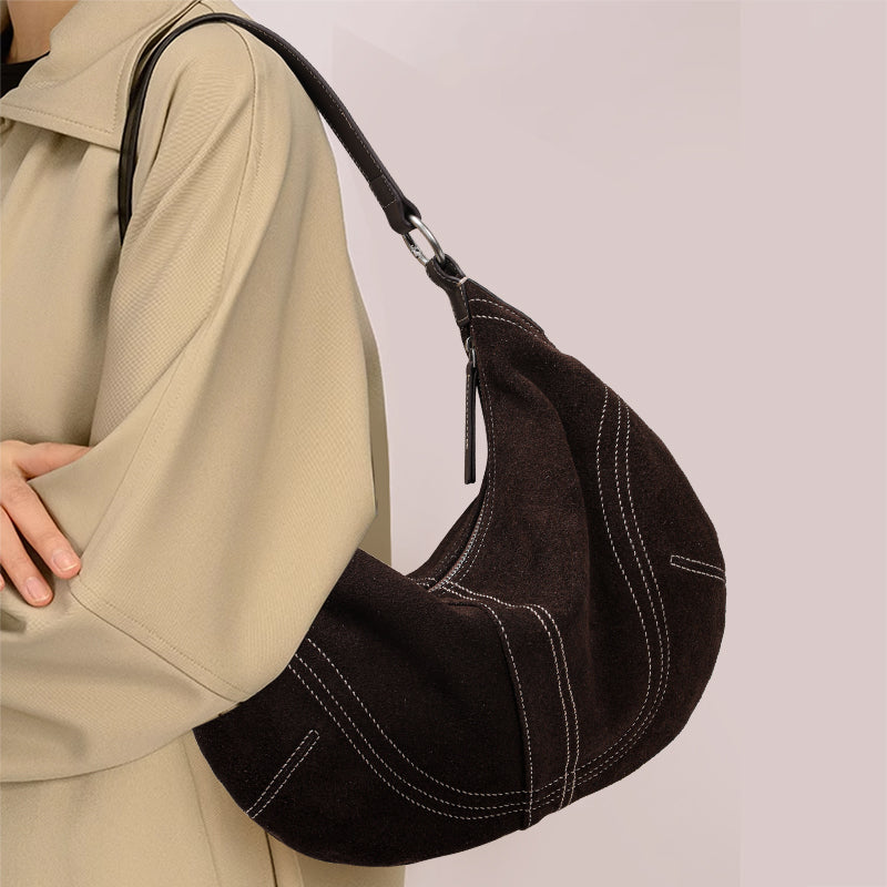 Genuine Suede Cowhide Womens Crescent Hobo Bag,Handheld Underarm Purse,Adjustable Strap Coffee Shoulder Bag