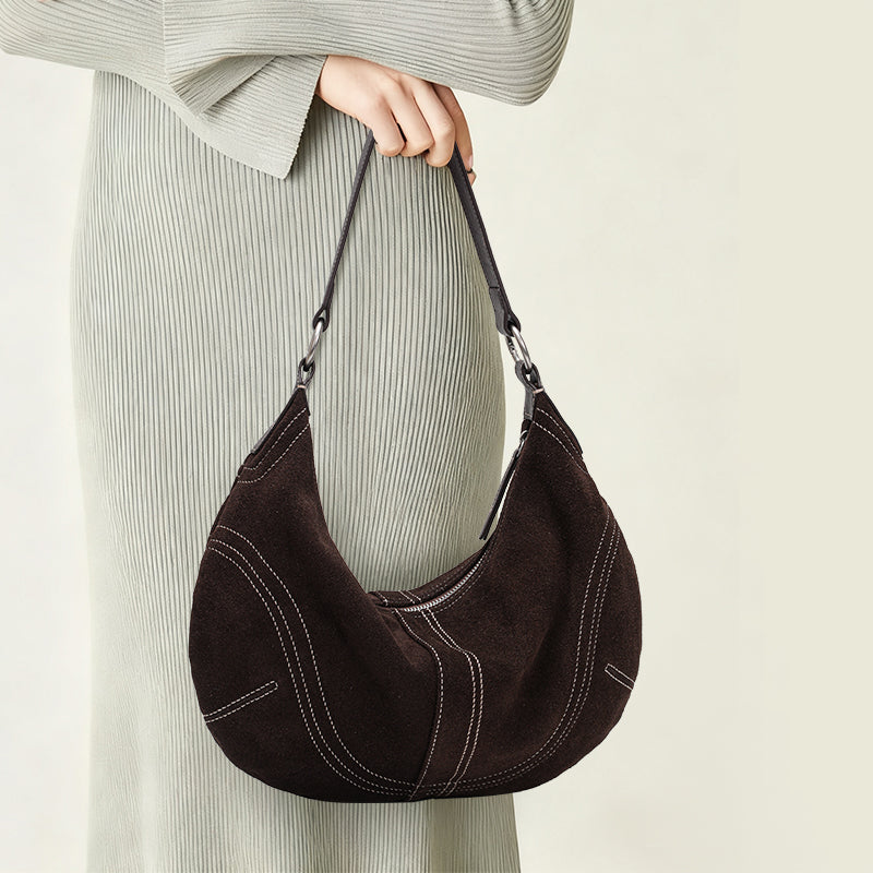 Genuine Suede Cowhide Womens Crescent Hobo Bag,Handheld Underarm Purse,Adjustable Strap Coffee Shoulder Bag