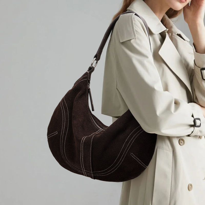 Genuine Suede Cowhide Womens Crescent Hobo Bag,Handheld Underarm Purse,Adjustable Strap Coffee Shoulder Bag