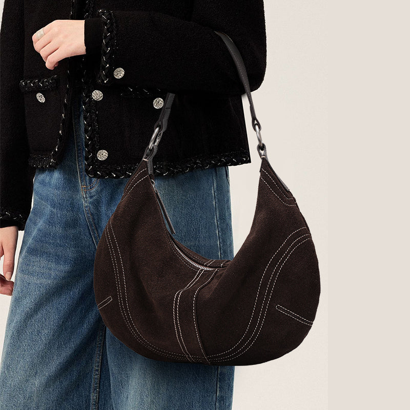 Genuine Suede Cowhide Womens Crescent Hobo Bag,Handheld Underarm Purse,Adjustable Strap Coffee Shoulder Bag