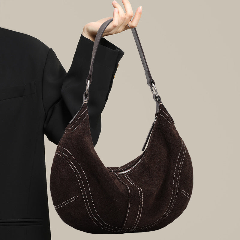 Genuine Suede Cowhide Womens Crescent Hobo Bag,Handheld Underarm Purse,Adjustable Strap Coffee Shoulder Bag