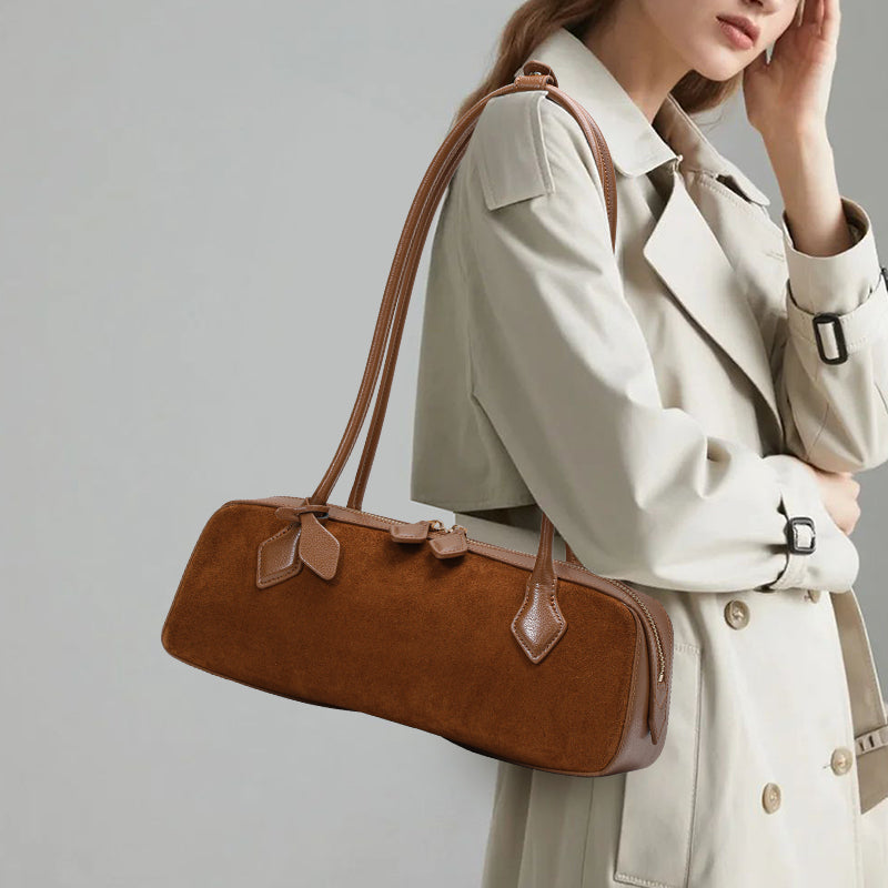 Genuine Suede Cowhide Womens Barrel Bag,Long Handheld Underarm Purse,Vintage Caramel Burgundy Single Shoulder Bag