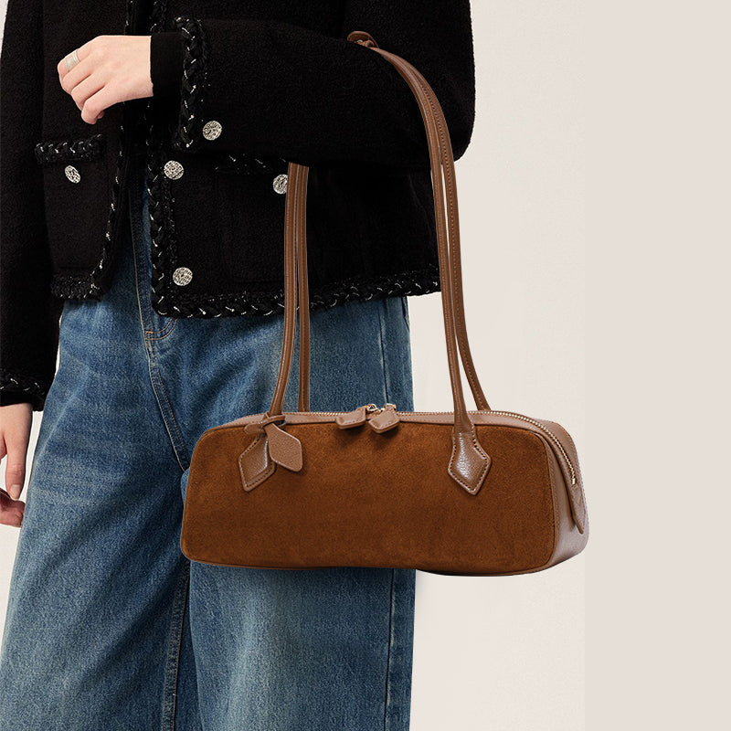 Genuine Suede Cowhide Womens Barrel Bag,Long Handheld Underarm Purse,Vintage Caramel Burgundy Single Shoulder Bag