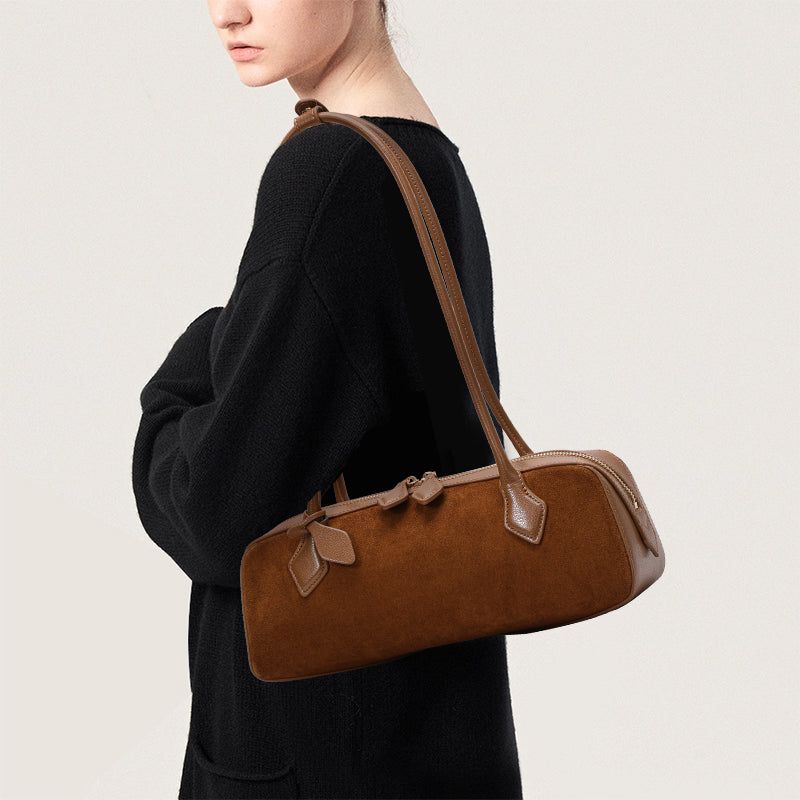 Genuine Suede Cowhide Womens Barrel Bag,Long Handheld Underarm Purse,Vintage Caramel Burgundy Single Shoulder Bag