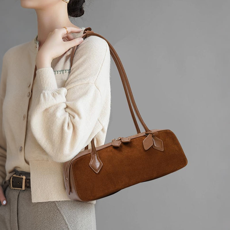 Genuine Suede Cowhide Womens Barrel Bag,Long Handheld Underarm Purse,Vintage Caramel Burgundy Single Shoulder Bag