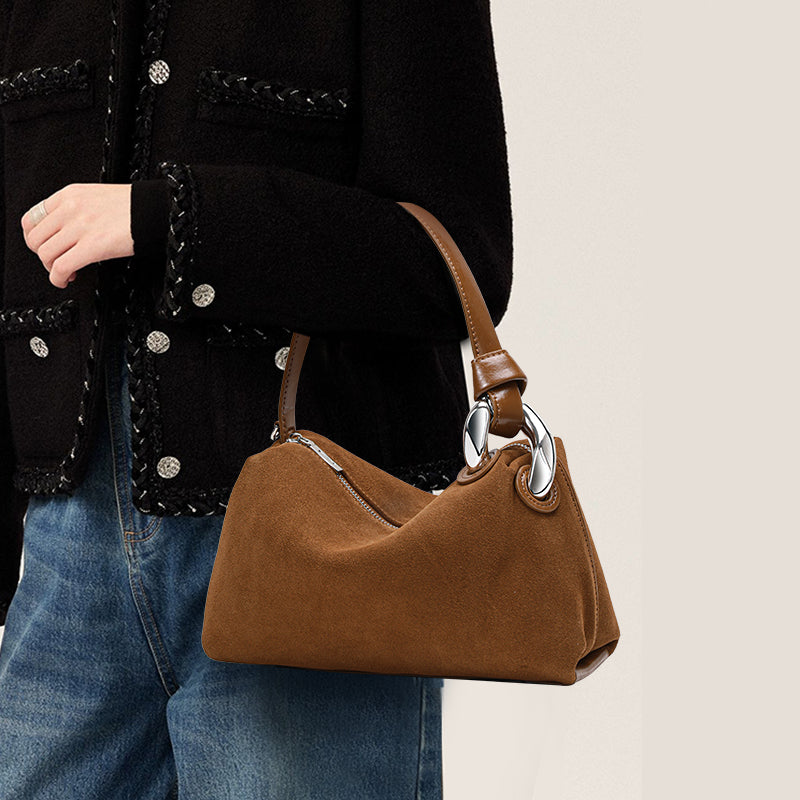 Genuine Suede Cowhide Womens Hobo Bag,Curved Crescent Handheld Purse,Detachable Strap Retro Caramel Coffee Crossbody Bag