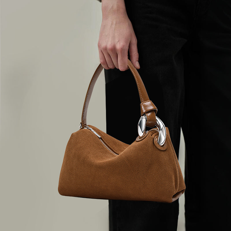 Genuine Suede Cowhide Womens Hobo Bag,Curved Crescent Handheld Purse,Detachable Strap Retro Caramel Coffee Crossbody Bag