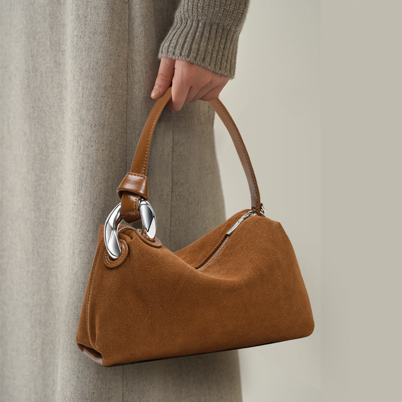 Genuine Suede Cowhide Womens Hobo Bag,Curved Crescent Handheld Purse,Detachable Strap Retro Caramel Coffee Crossbody Bag