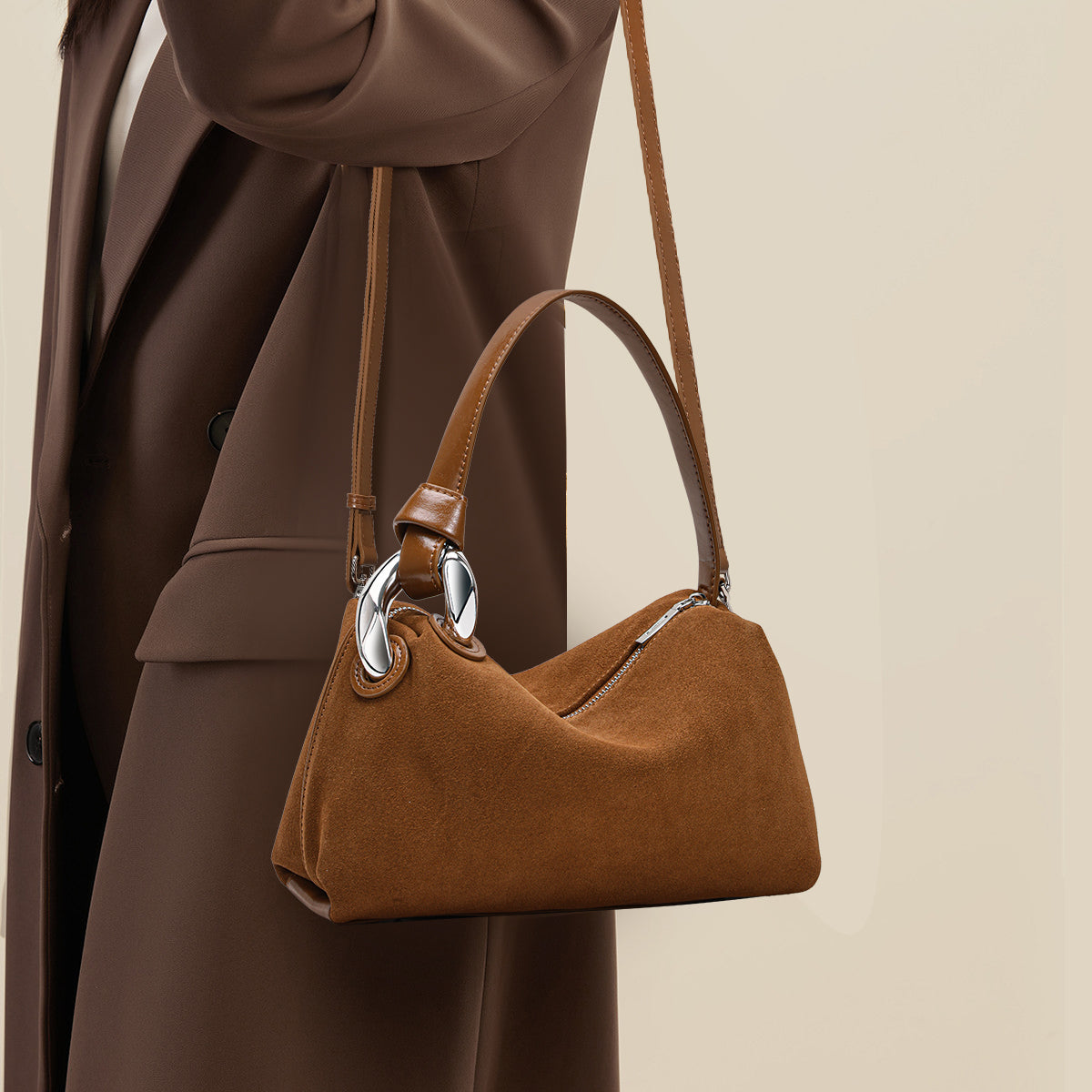 Genuine Suede Cowhide Womens Hobo Bag,Curved Crescent Handheld Purse,Detachable Strap Retro Caramel Coffee Crossbody Bag
