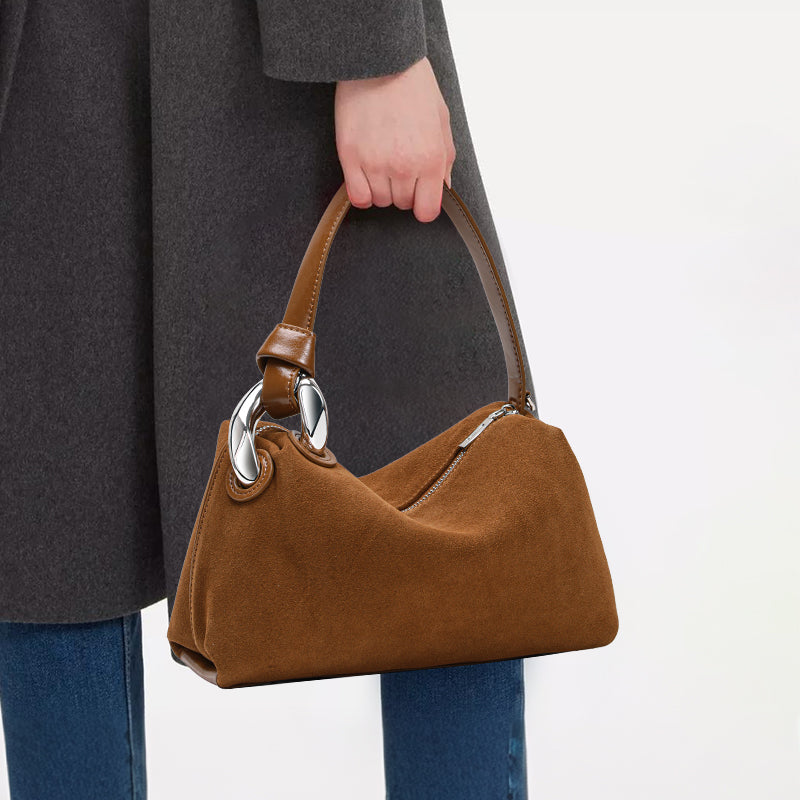 Genuine Suede Cowhide Womens Hobo Bag,Curved Crescent Handheld Purse,Detachable Strap Retro Caramel Coffee Crossbody Bag