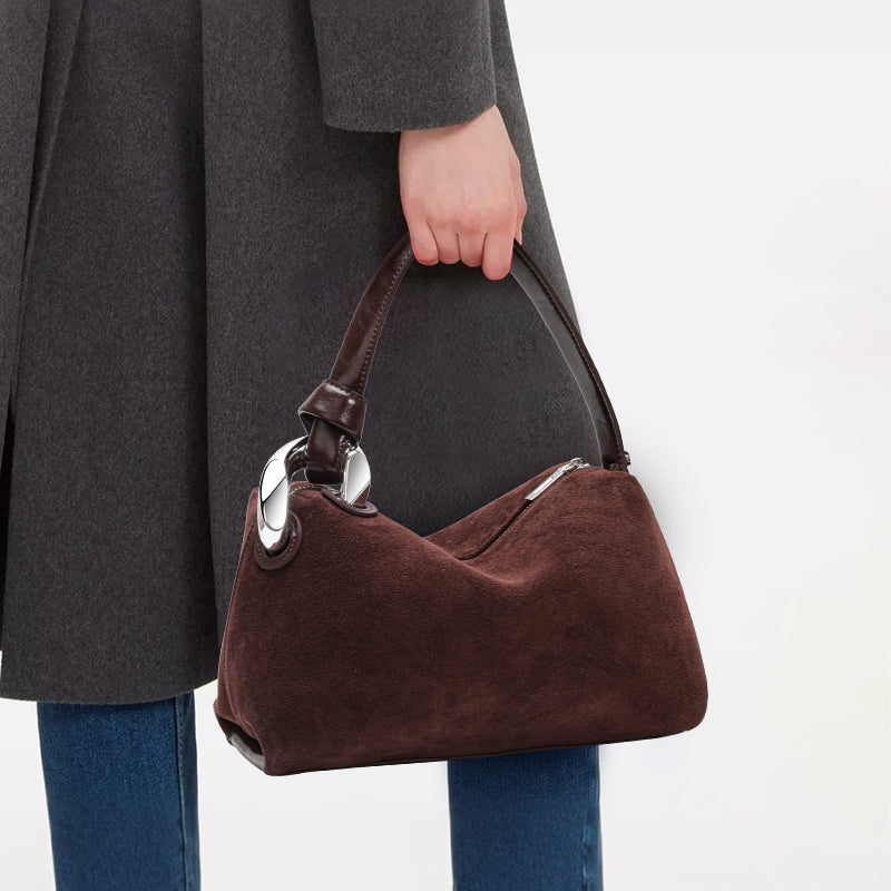 Genuine Suede Cowhide Womens Hobo Bag,Curved Crescent Handheld Purse,Detachable Strap Retro Caramel Coffee Crossbody Bag