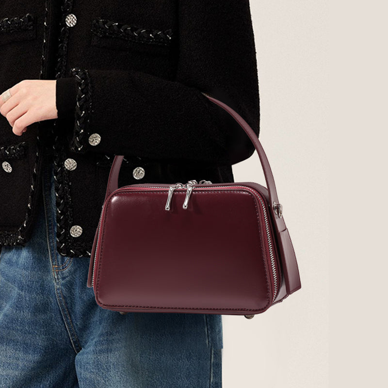 Genuine Smooth Cowhide Womens Box Bag,Multi Compartment Square Purse,Detachable Strap Burgundy Vintage Crossbody Handbag