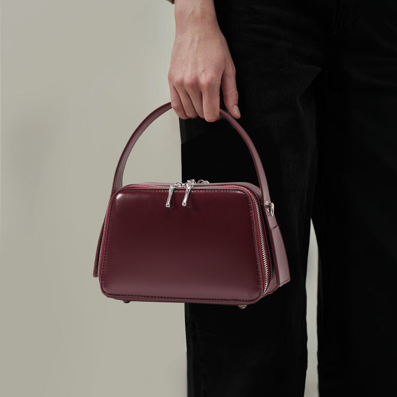 Genuine Smooth Cowhide Womens Box Bag,Multi Compartment Square Purse,Detachable Strap Burgundy Vintage Crossbody Handbag