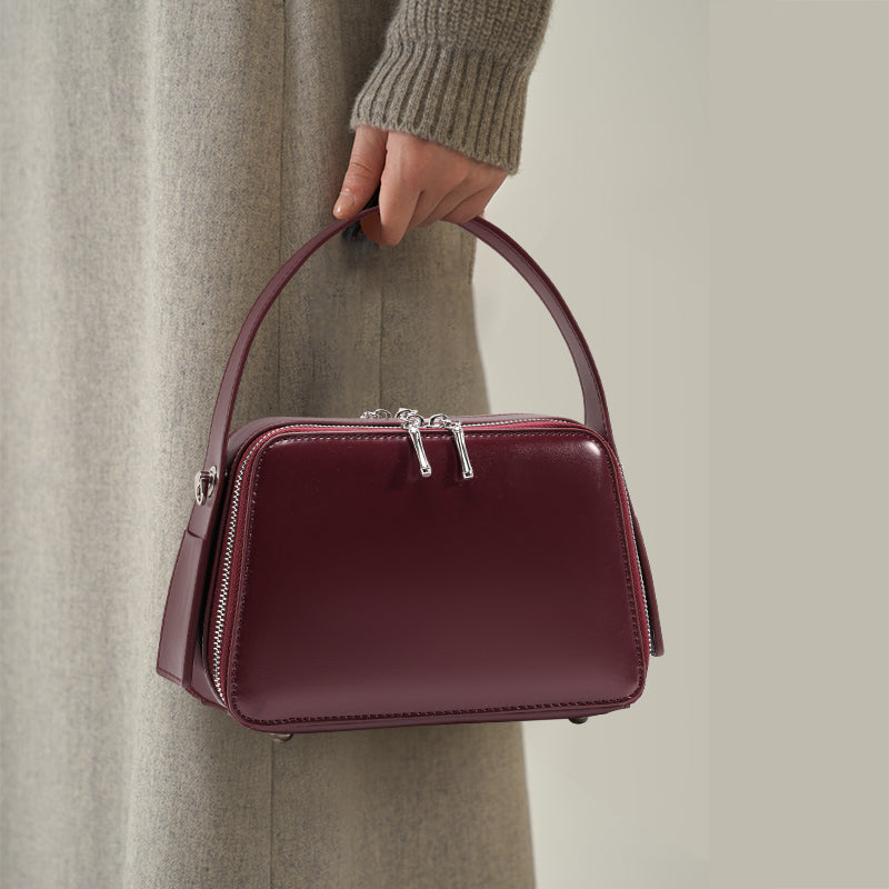 Genuine Smooth Cowhide Womens Box Bag,Multi Compartment Square Purse,Detachable Strap Burgundy Vintage Crossbody Handbag