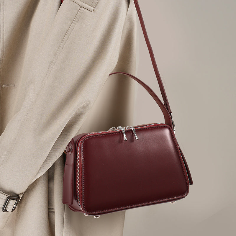 Genuine Smooth Cowhide Womens Box Bag,Multi Compartment Square Purse,Detachable Strap Burgundy Vintage Crossbody Handbag