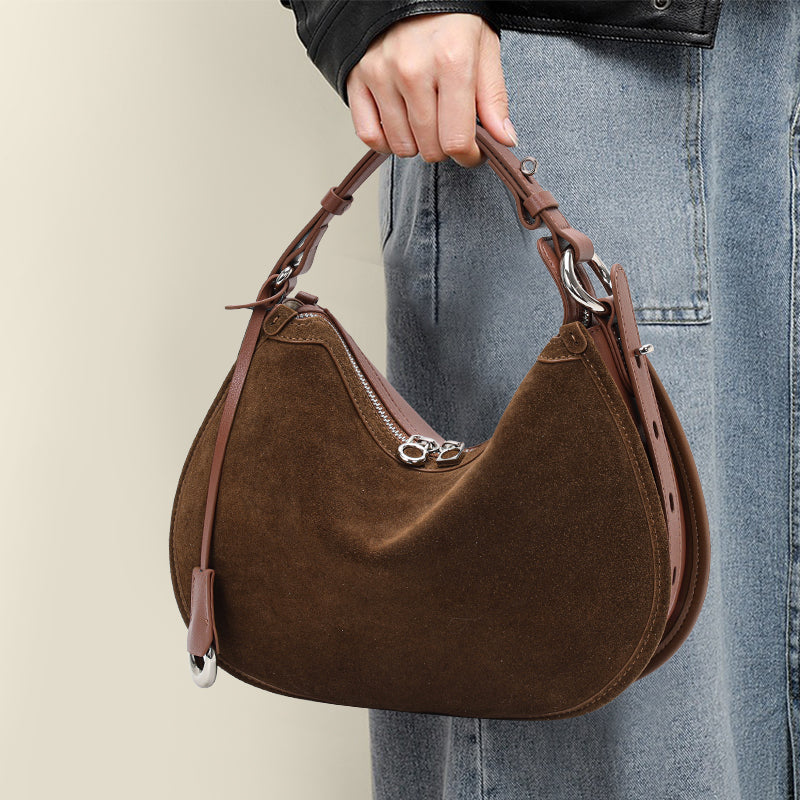 Genuine Suede Cowhide Womens Hobo Bag,Crescent Underarm Purse,Adjustable Strap Vintage Daily Handheld Shoulder Bag
