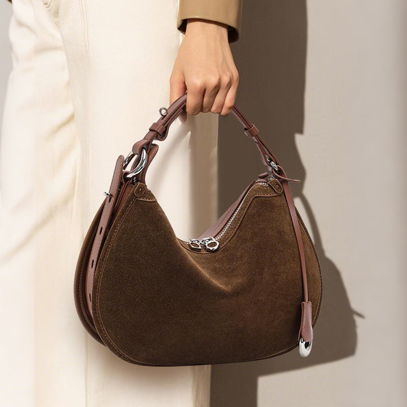 Genuine Suede Cowhide Womens Hobo Bag,Crescent Underarm Purse,Adjustable Strap Vintage Daily Handheld Shoulder Bag