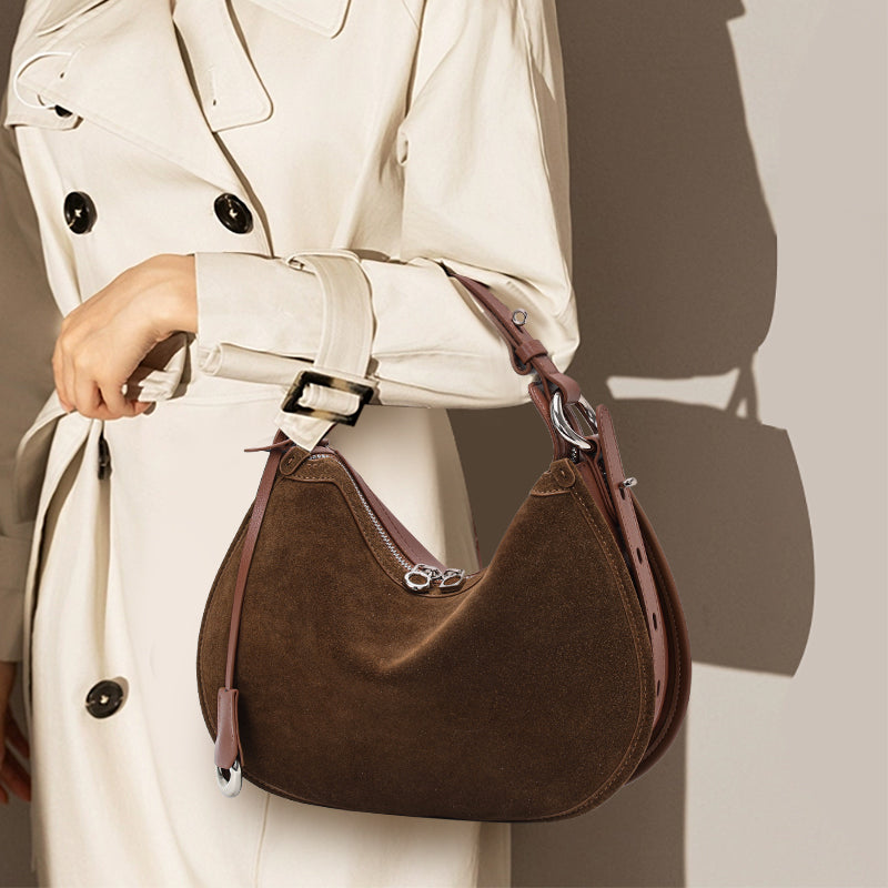 Genuine Suede Cowhide Womens Hobo Bag,Crescent Underarm Purse,Adjustable Strap Vintage Daily Handheld Shoulder Bag
