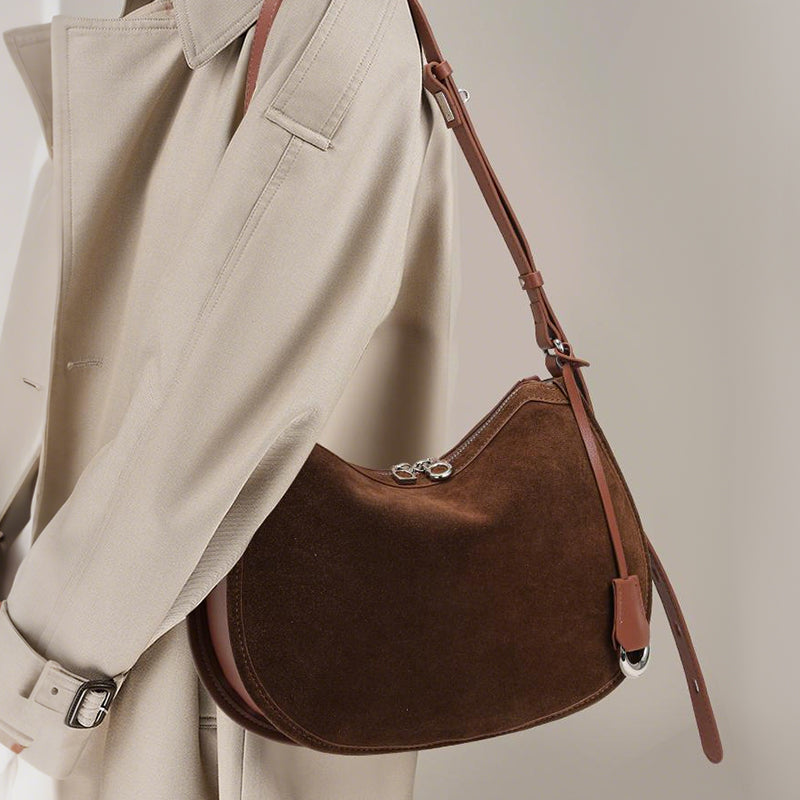 Genuine Suede Cowhide Womens Hobo Bag,Crescent Underarm Purse,Adjustable Strap Vintage Daily Handheld Shoulder Bag