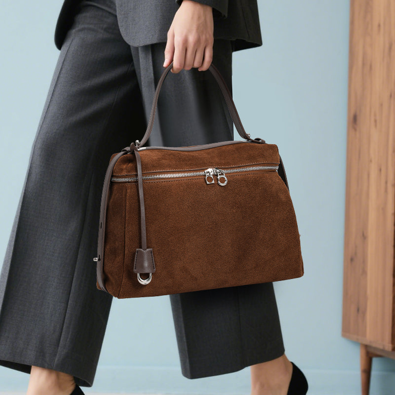 Genuine Suede Cowhide Womens Handheld Bag,Soft Horizontal Tote,Multi Compartment Vintage Daily Shoulder Purse